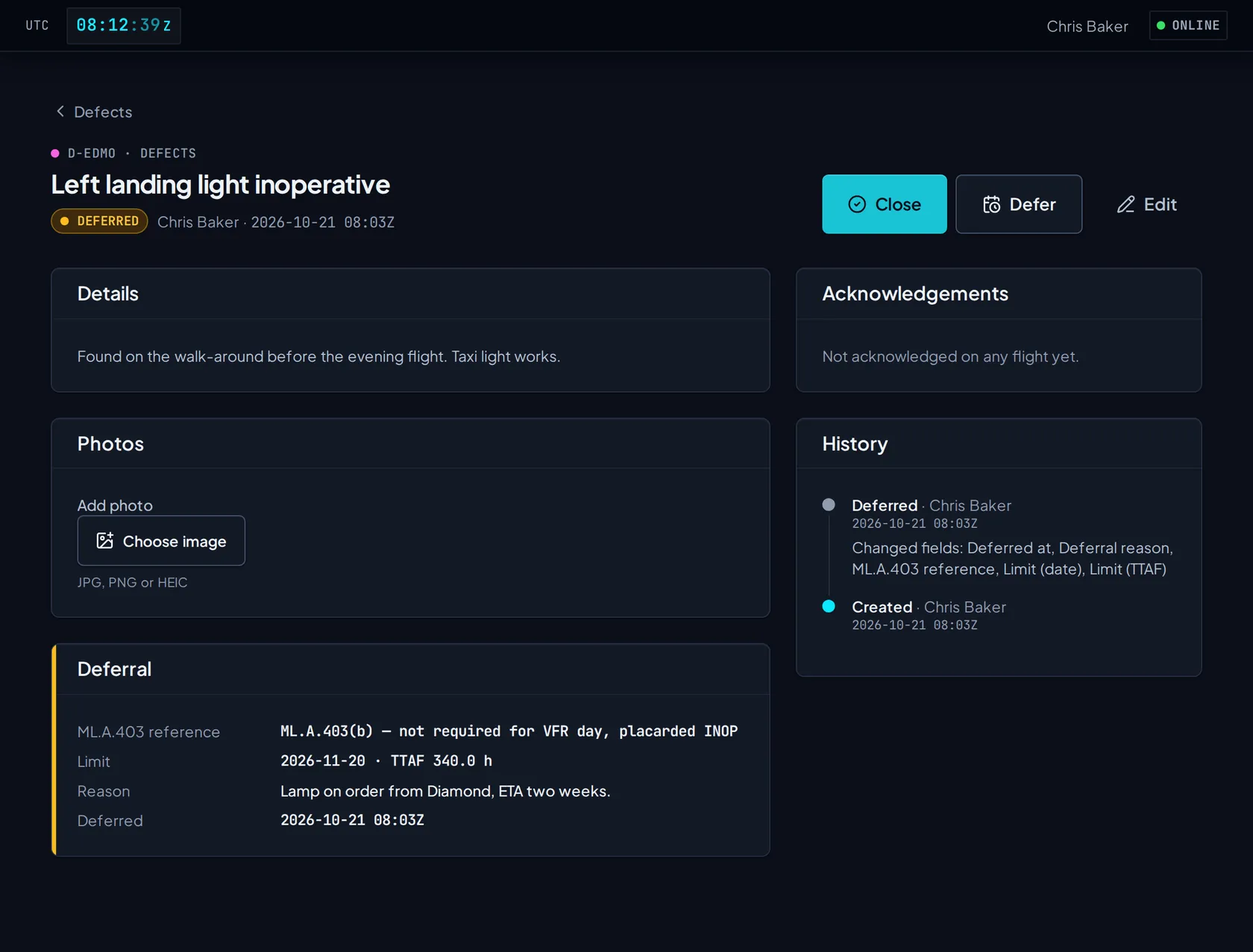 A deferred defect: “Left landing light inoperative” with its ML.A.403 reference, a limit by date and TTAF, the reason, and the history of changes.