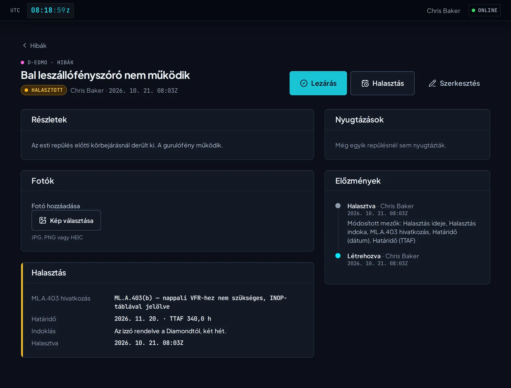 Halasztott hiba ML.A.403 hivatkozással, dátum- és TTAF-határral, indokkal és a változások előzményével.