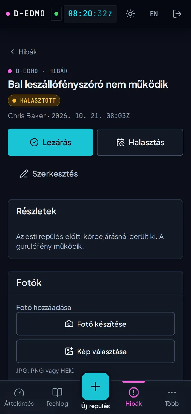 Halasztott hiba ML.A.403 hivatkozással, dátum- és TTAF-határral, indokkal és a változások előzményével.