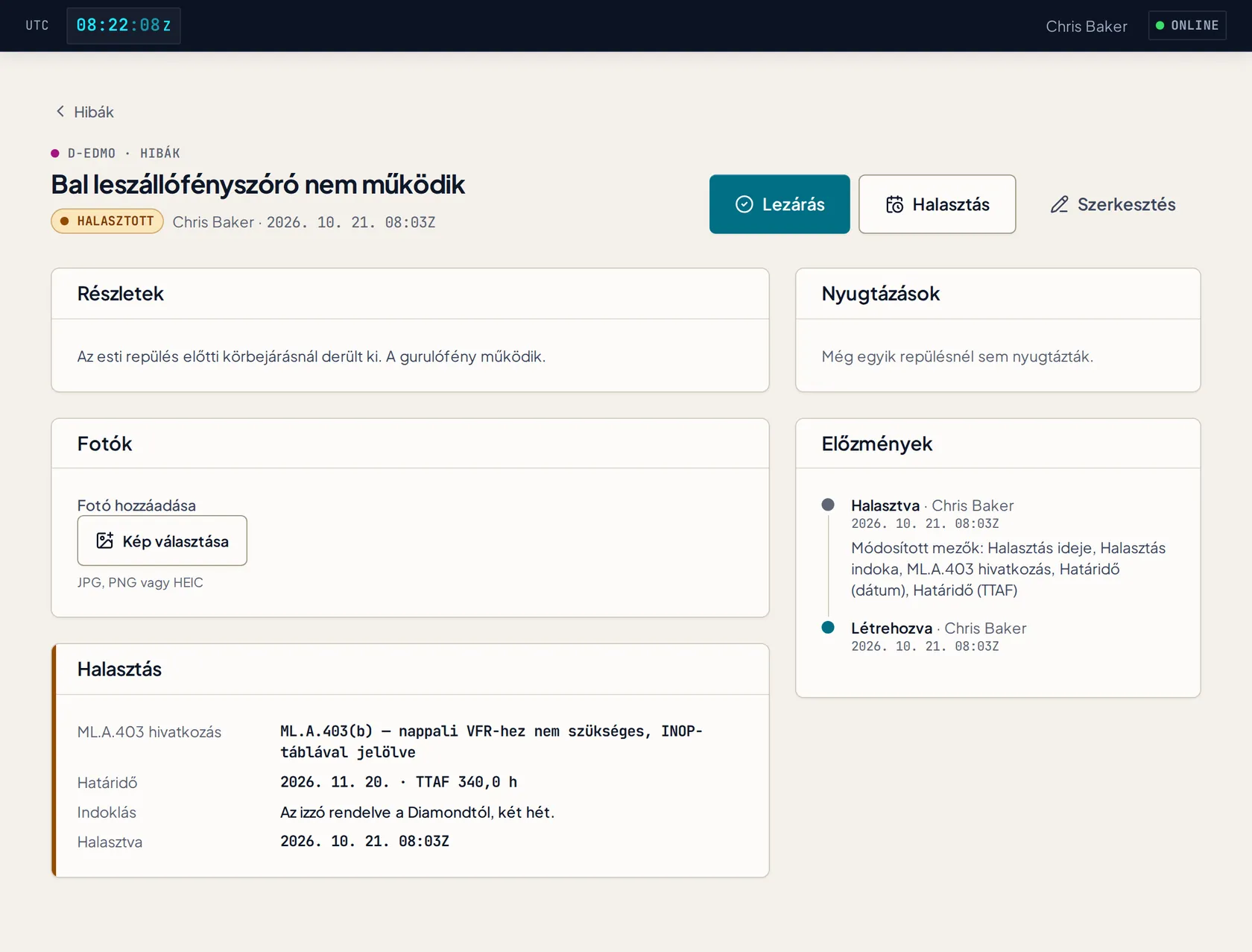 Halasztott hiba ML.A.403 hivatkozással, dátum- és TTAF-határral, indokkal és a változások előzményével.
