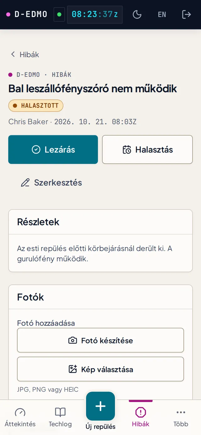 Halasztott hiba ML.A.403 hivatkozással, dátum- és TTAF-határral, indokkal és a változások előzményével.