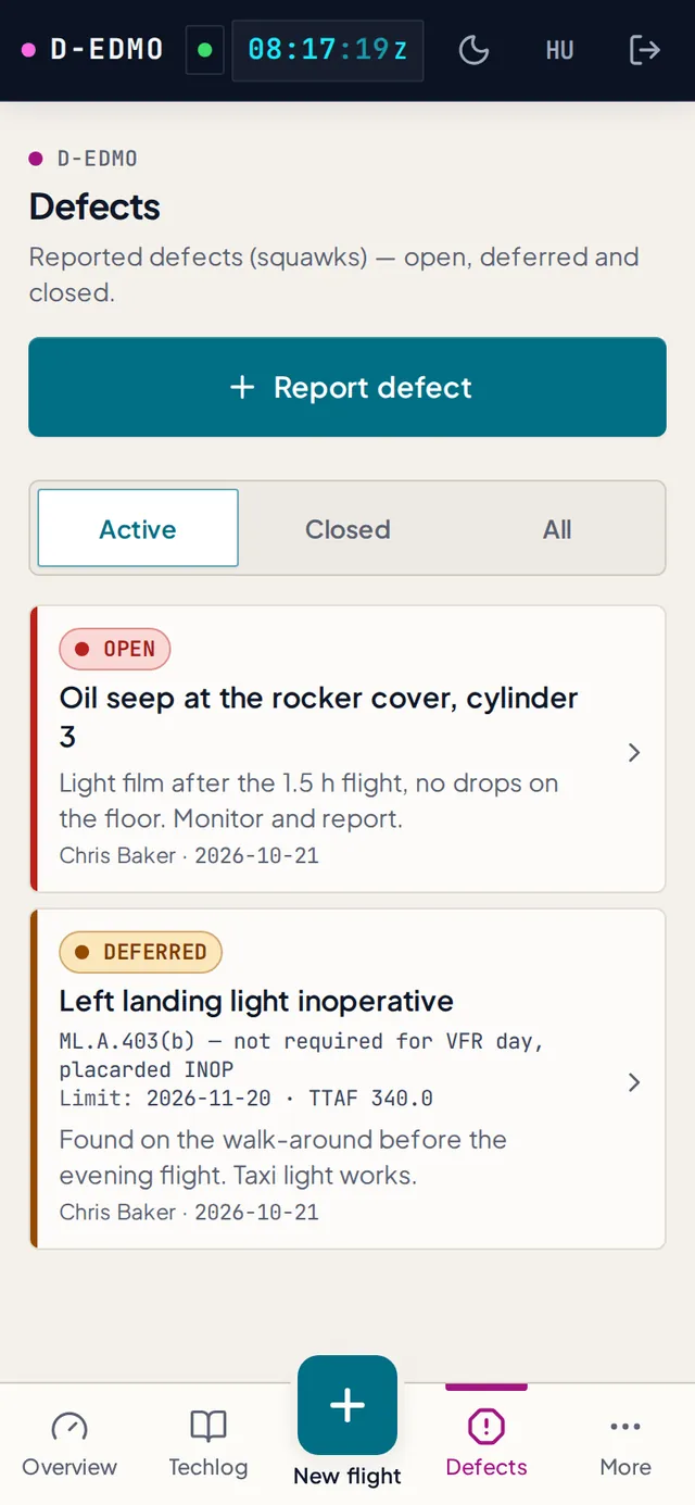 The defect list of D-EDMO: one open, one deferred with its ML.A.403 reference and limit, one closed with a CRS reference.