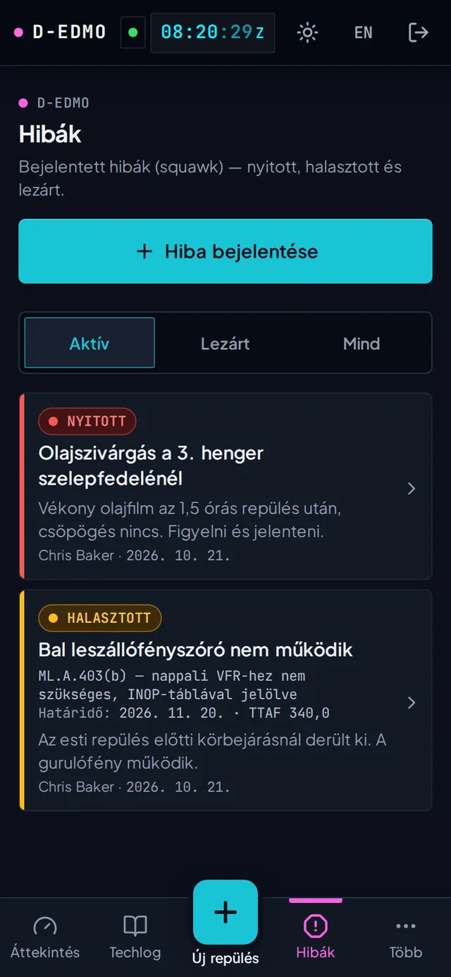 A D-EDMO hibalistája: egy nyitott, egy halasztott ML.A.403 hivatkozással és határral, egy CRS-hivatkozással lezárt.