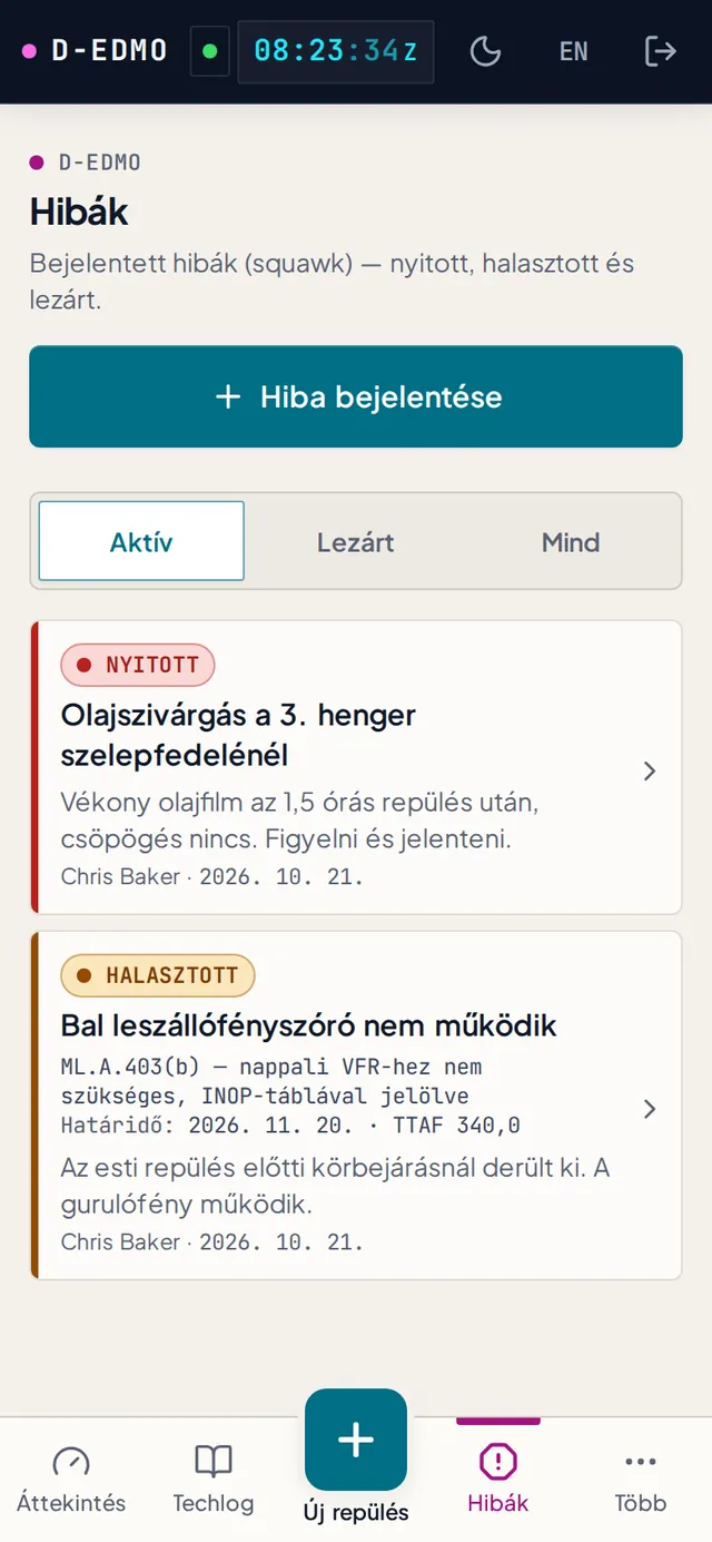 A D-EDMO hibalistája: egy nyitott, egy halasztott ML.A.403 hivatkozással és határral, egy CRS-hivatkozással lezárt.