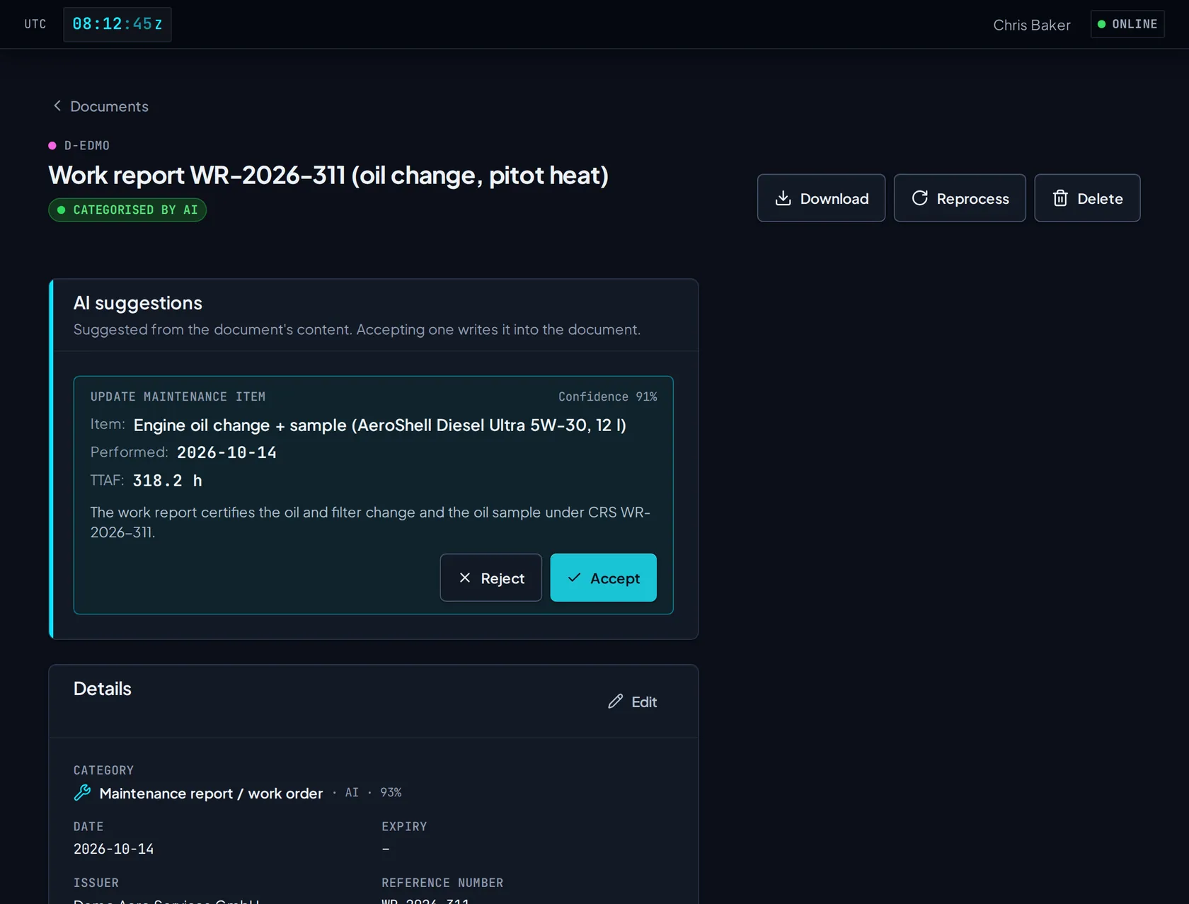 A work report filed by AI as a maintenance report, with an AI suggestion to update the engine oil change item: performed 14 Oct 2026 at TTAF 318.2 h, confidence 91 %, with Reject and Accept buttons.
