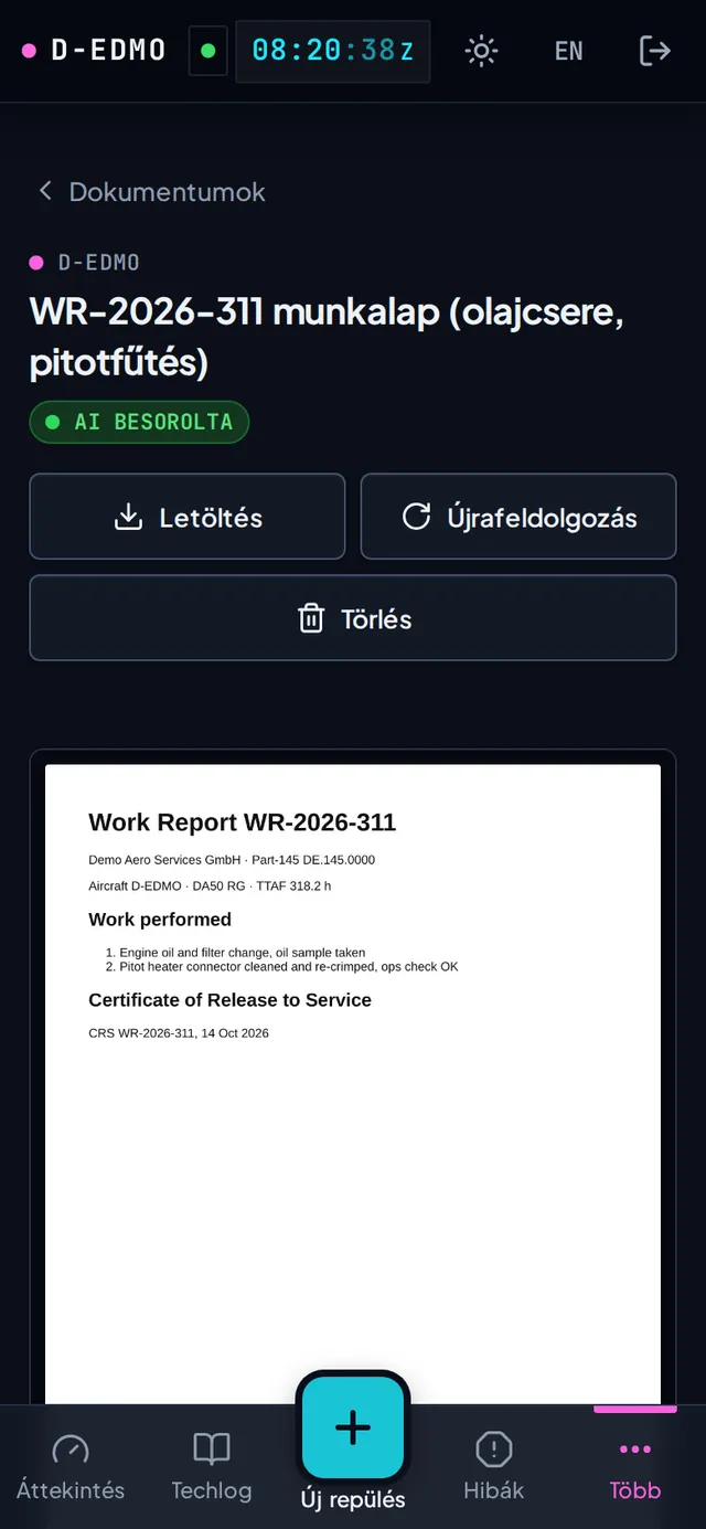 AI által iktatott munkalap, javaslattal a motorolajcsere tétel frissítésére: elvégezve 2026. 10. 14-én, TTAF 318,2 h, 91 % megbízhatóság, Elvetés vagy Elfogadás.