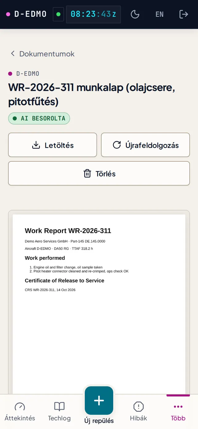 AI által iktatott munkalap, javaslattal a motorolajcsere tétel frissítésére: elvégezve 2026. 10. 14-én, TTAF 318,2 h, 91 % megbízhatóság, Elvetés vagy Elfogadás.