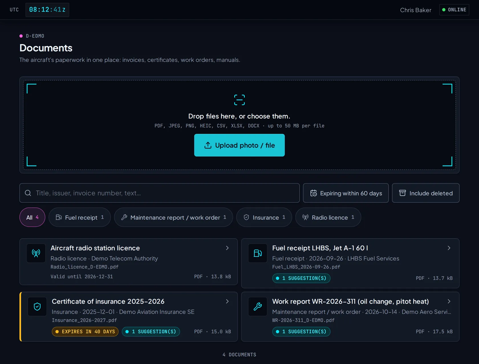 The document store of D-EDMO: a radio licence, a fuel receipt, an insurance certificate expiring in 40 days and a work report, each filed by AI with its category, and pending suggestions.