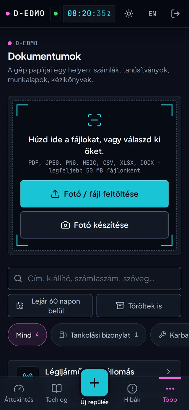 A D-EDMO dokumentumtára: rádióengedély, tankolási nyugta, 40 nap múlva lejáró biztosítás és egy munkalap, mindegyik AI által besorolva, függő javaslatokkal.