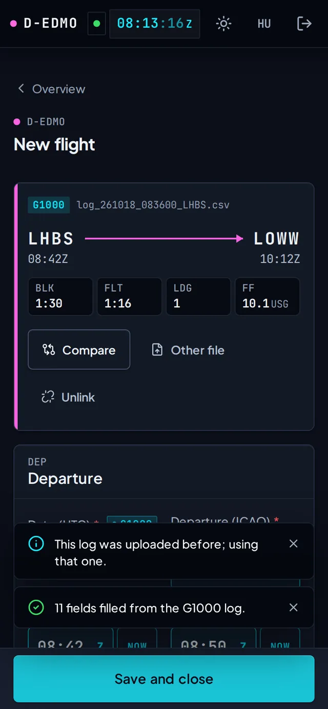 A G1000 NXi log dropped on a new flight: LHBS to LOWW, block 1:30, airborne 1:16, one landing, 10.1 USG from fuel flow, and every field it filled marked G1000.