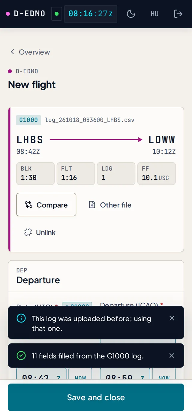 A G1000 NXi log dropped on a new flight: LHBS to LOWW, block 1:30, airborne 1:16, one landing, 10.1 USG from fuel flow, and every field it filled marked G1000.