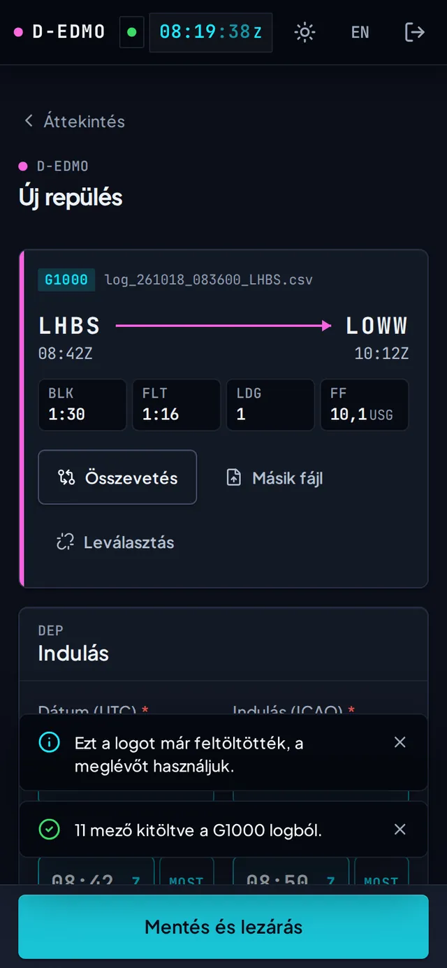 G1000 NXi logból kitöltött új repülés: LHBS–LOWW, blokk 1:30, levegőben 1:16, 10,1 USG fuel flow szerint, és minden kitöltött mező G1000 jelöléssel.