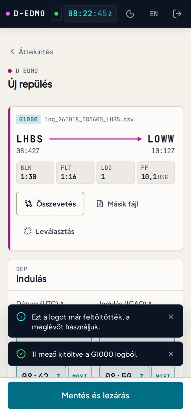 G1000 NXi logból kitöltött új repülés: LHBS–LOWW, blokk 1:30, levegőben 1:16, 10,1 USG fuel flow szerint, és minden kitöltött mező G1000 jelöléssel.