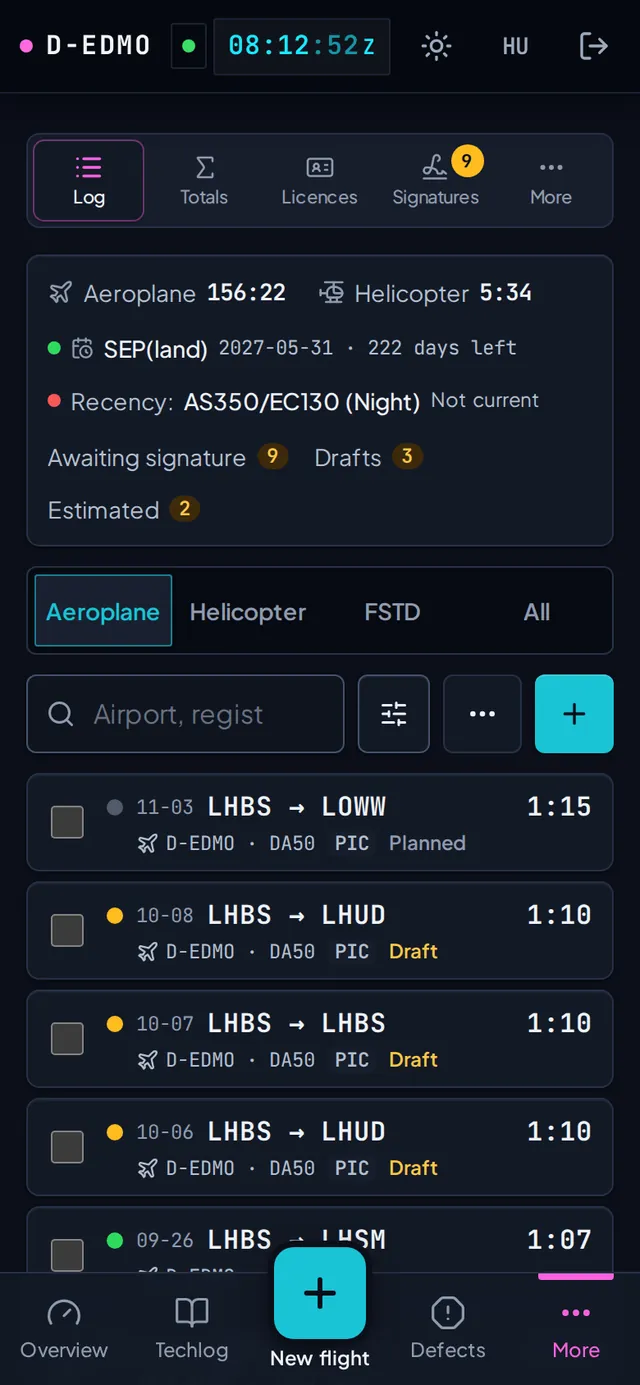 The ChockOps logbook: a list of flights with date, departure and arrival, aircraft, total time, landings and status badges such as draft and confirmed.