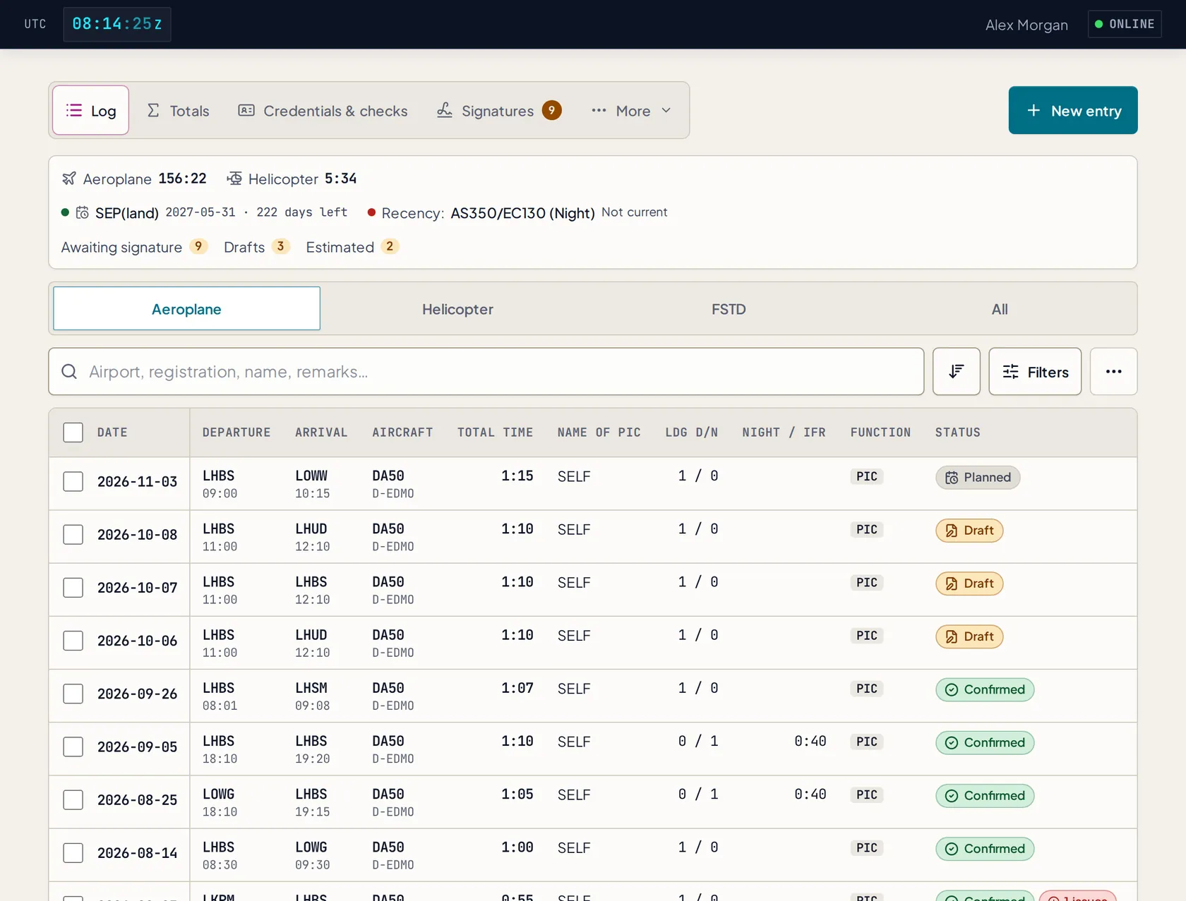 The ChockOps logbook: a list of flights with date, departure and arrival, aircraft, total time, landings and status badges such as draft and confirmed.
