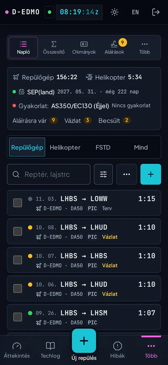A ChockOps hajózónapló: repülések listája dátummal, útvonallal, géppel, repült idővel, leszállásokkal és állapotjelzéssel (vázlat, megerősítve).