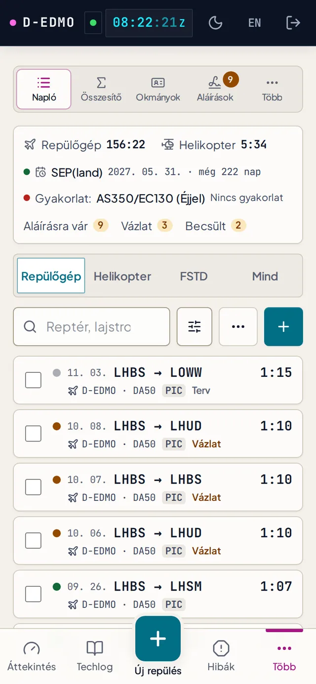 A ChockOps hajózónapló: repülések listája dátummal, útvonallal, géppel, repült idővel, leszállásokkal és állapotjelzéssel (vázlat, megerősítve).