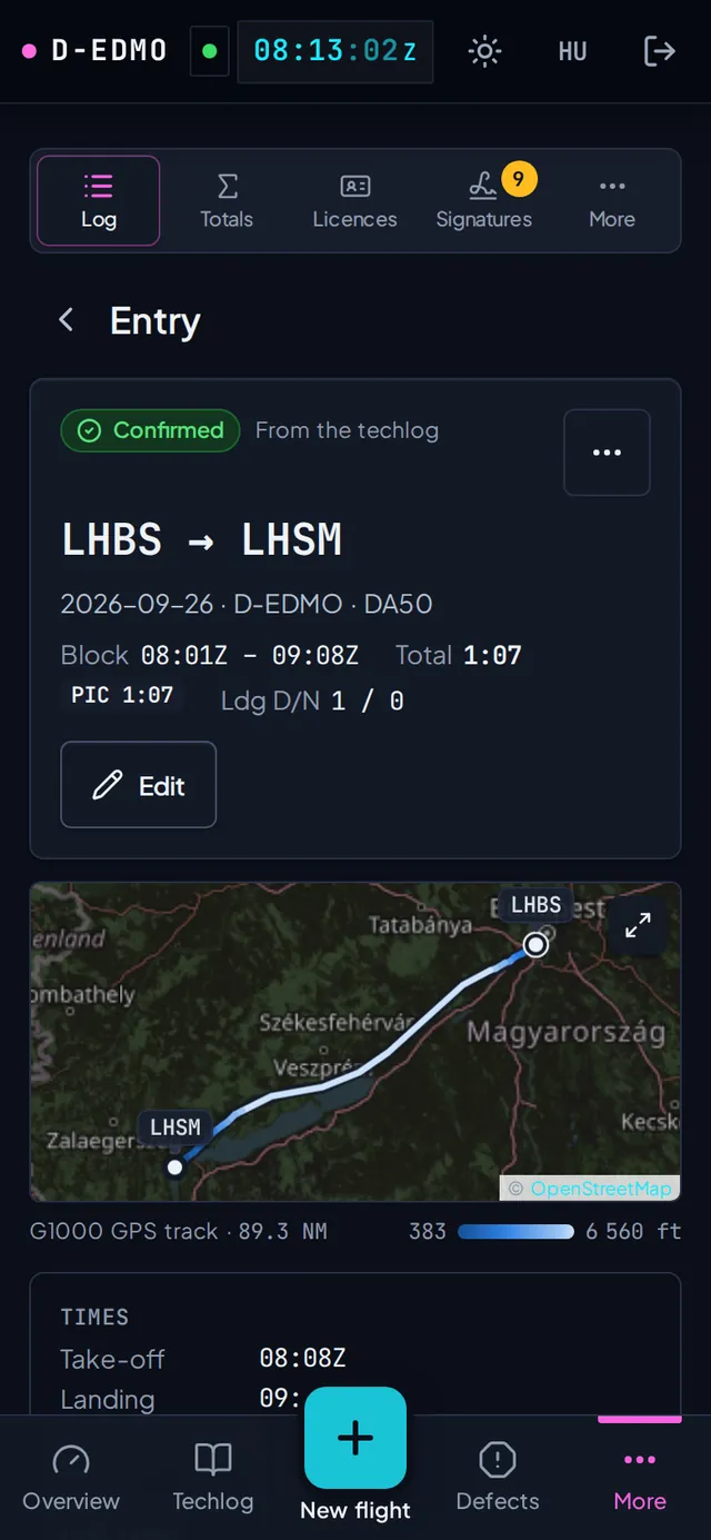 A logbook entry on a phone, with the flight drawn on a map.