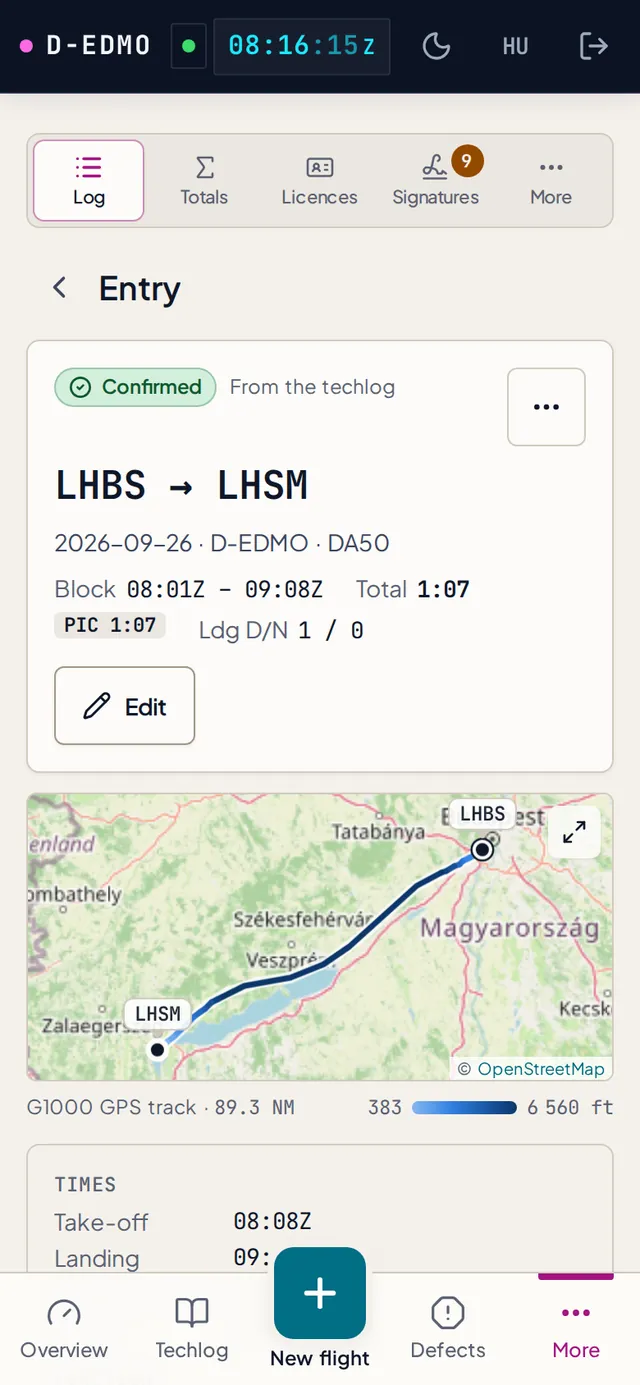 A logbook entry on a phone, with the flight drawn on a map.