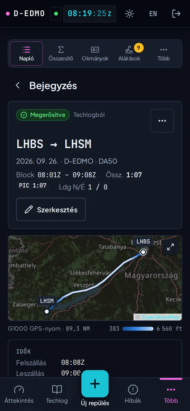Egy naplóbejegyzés telefonon, a repülés útvonalával a térképen.