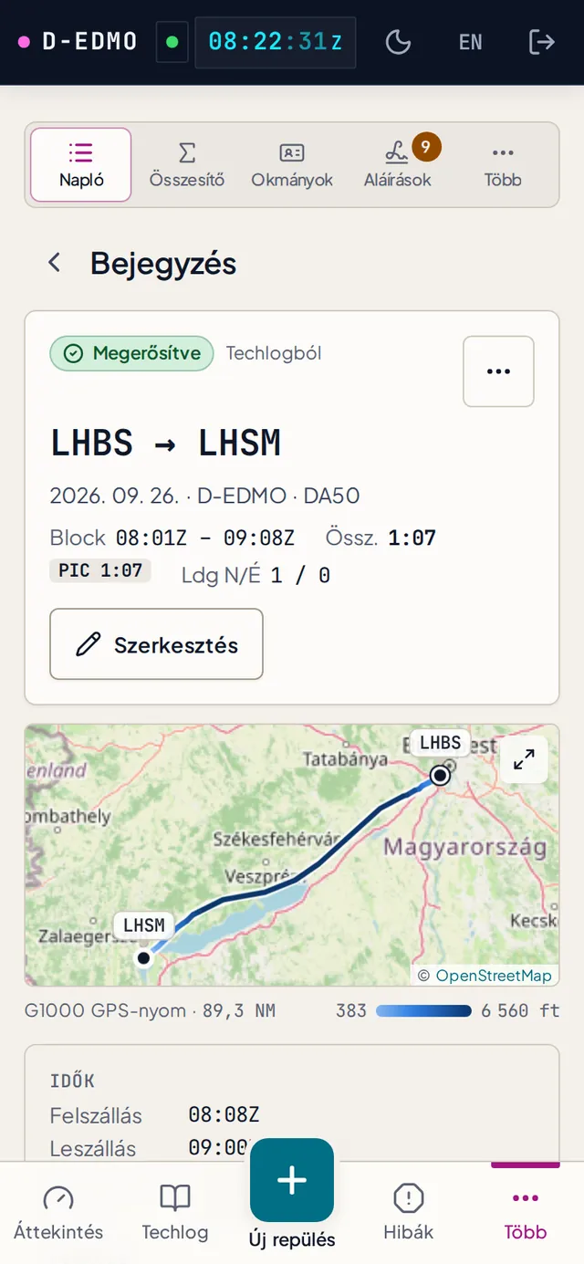 Egy naplóbejegyzés telefonon, a repülés útvonalával a térképen.