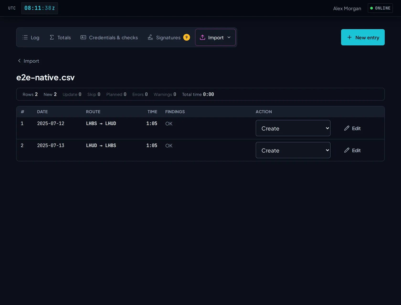 An import preview: the detected format, new rows, duplicates and a decision per row before anything is saved.