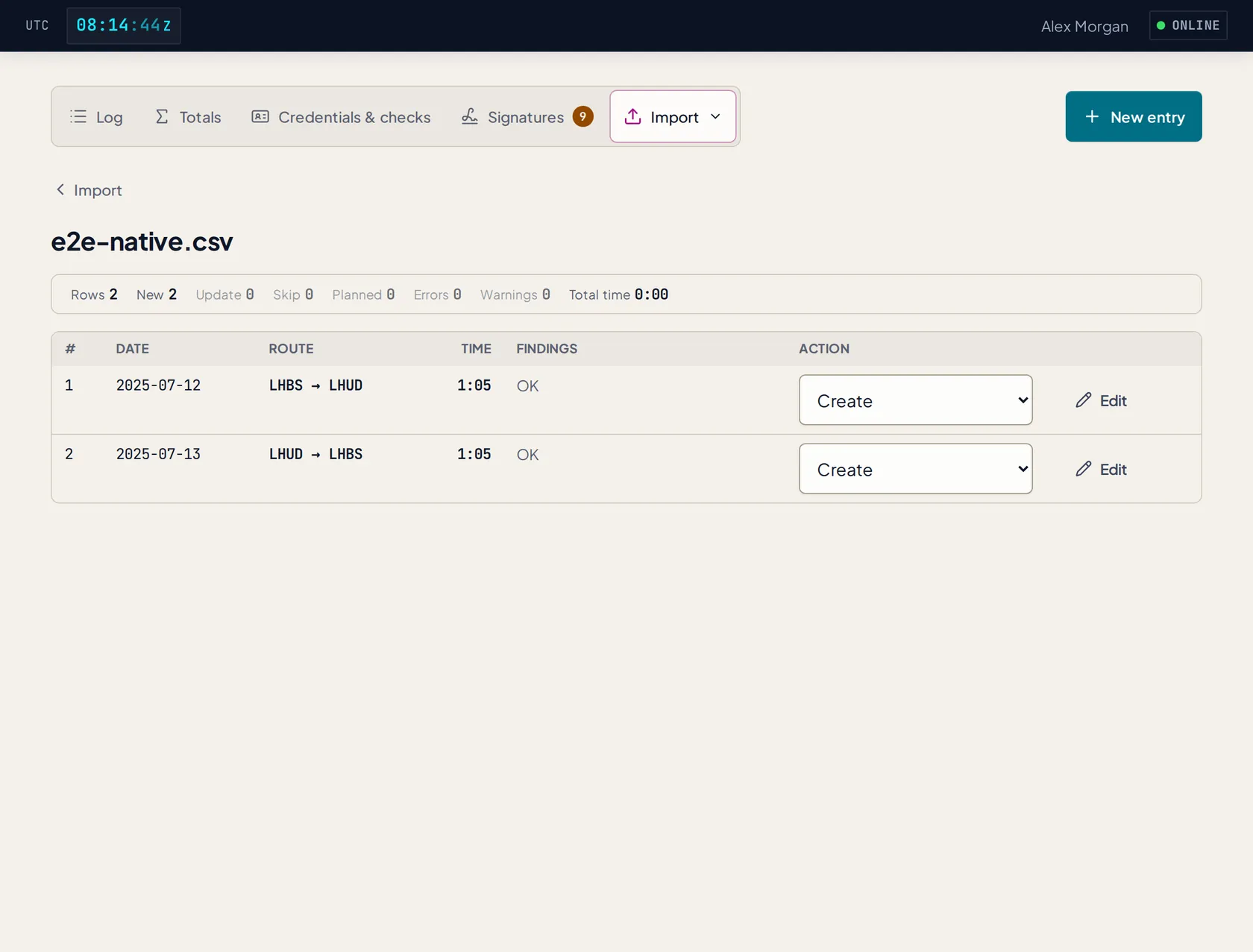 An import preview: the detected format, new rows, duplicates and a decision per row before anything is saved.