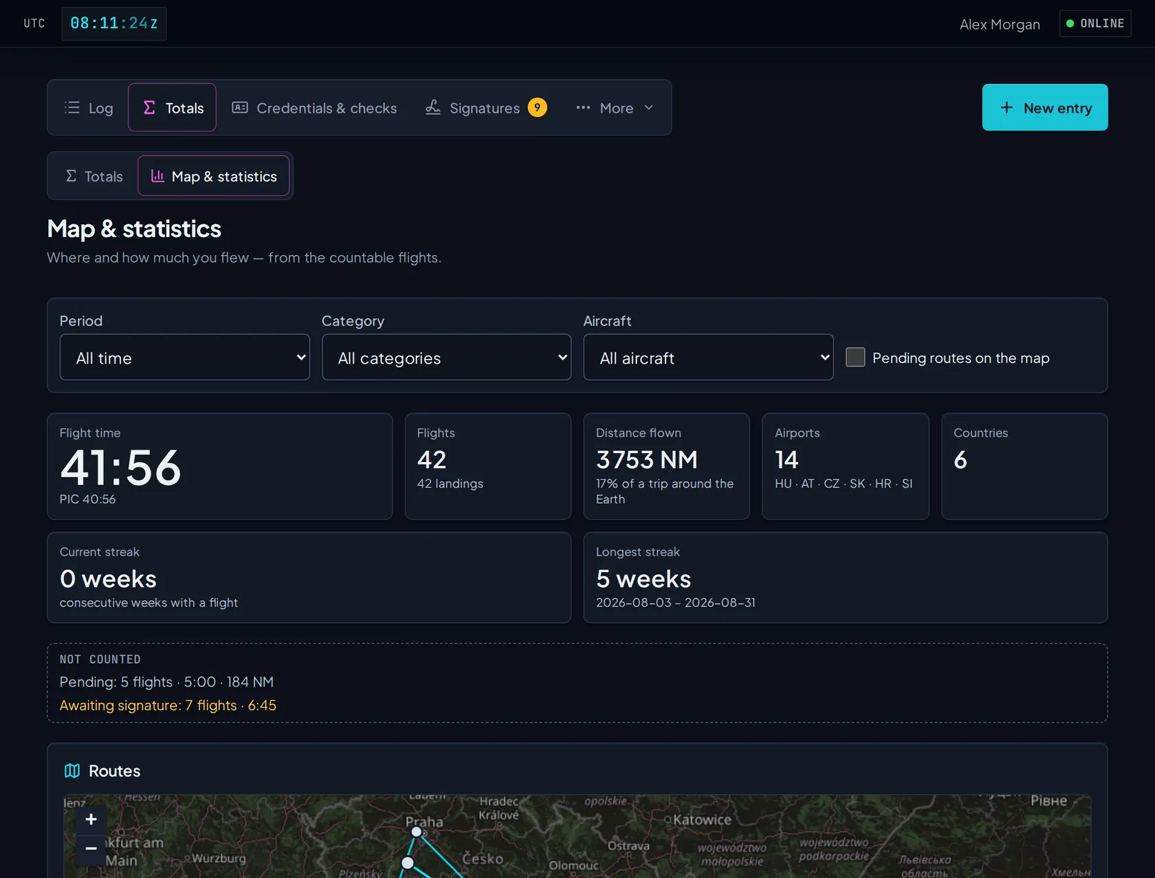 Map and statistics: a route map, total hours, distance flown and monthly hours by aircraft type.
