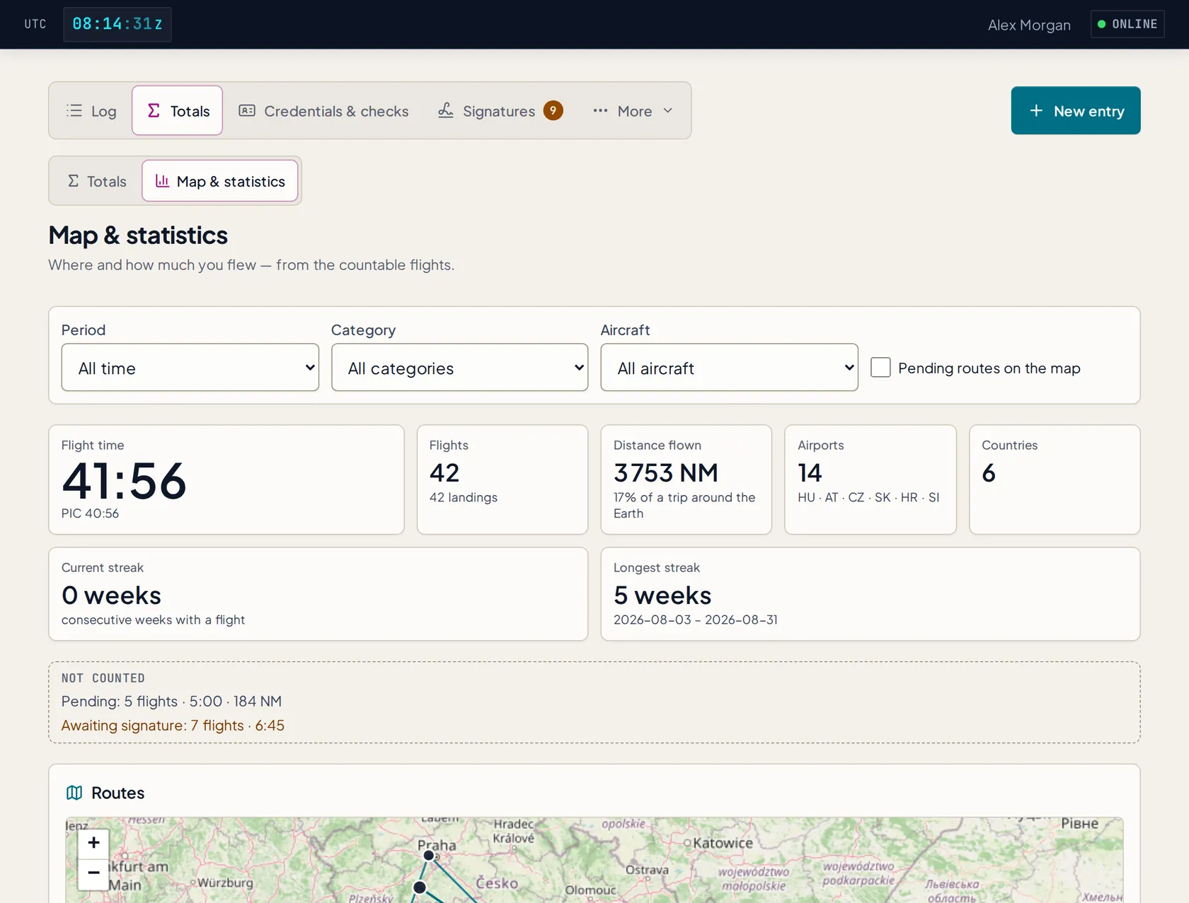 Map and statistics: a route map, total hours, distance flown and monthly hours by aircraft type.