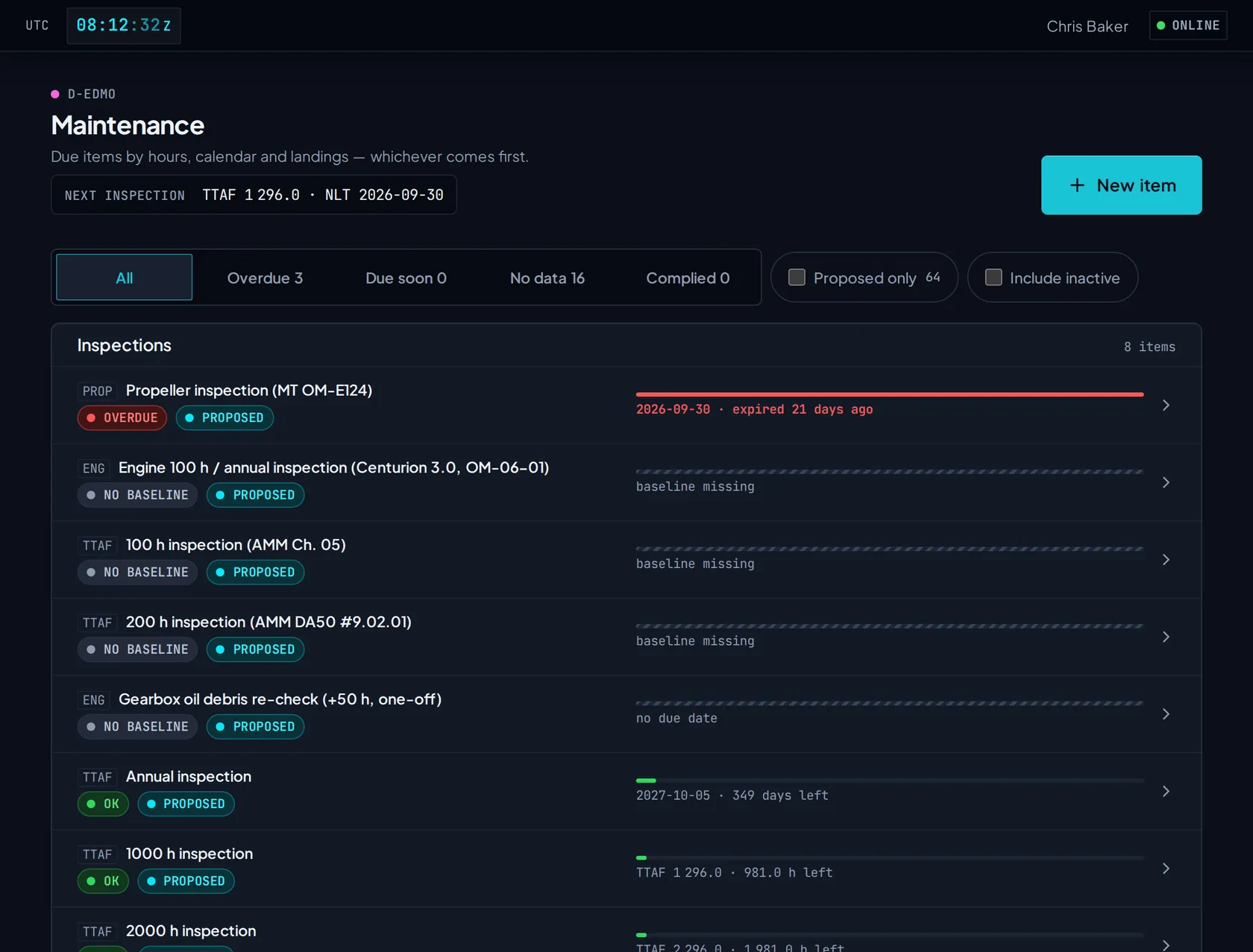 Maintenance items for an aircraft, with intervals and when each is due next.