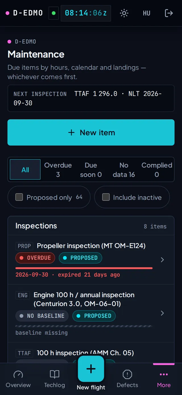 The maintenance list of D-EDMO: inspections and components with their limits, overdue / OK / no-baseline status and the PROPOSED badge on AI-proposed items.
