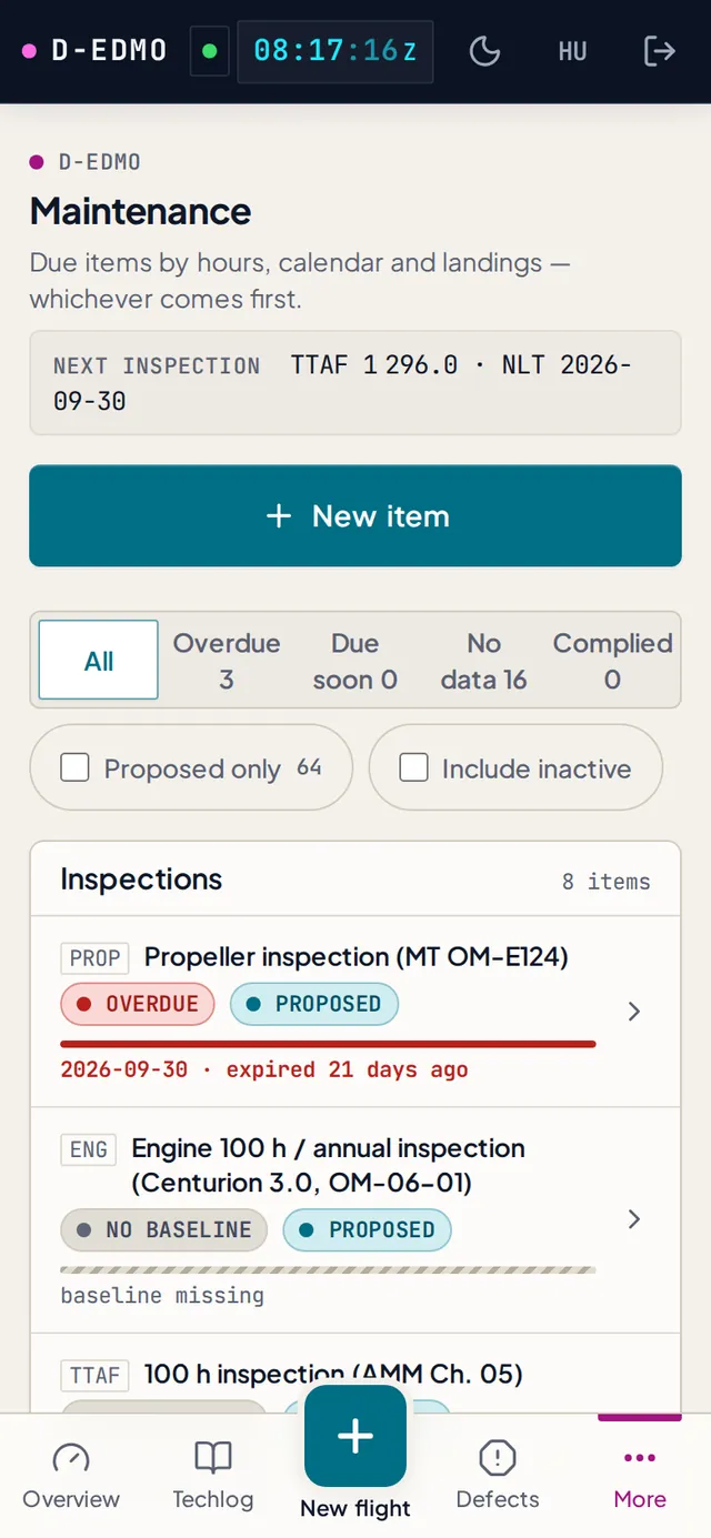 The maintenance list of D-EDMO: inspections and components with their limits, overdue / OK / no-baseline status and the PROPOSED badge on AI-proposed items.