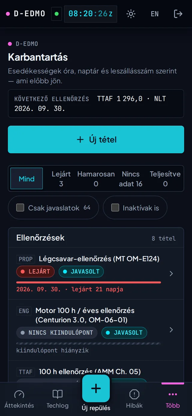 A D-EDMO karbantartási listája: ellenőrzések és komponensek a határaikkal, lejárt / rendben / nincs kiindulás állapottal és JAVASOLT jelzéssel az AI által javasolt tételeken.