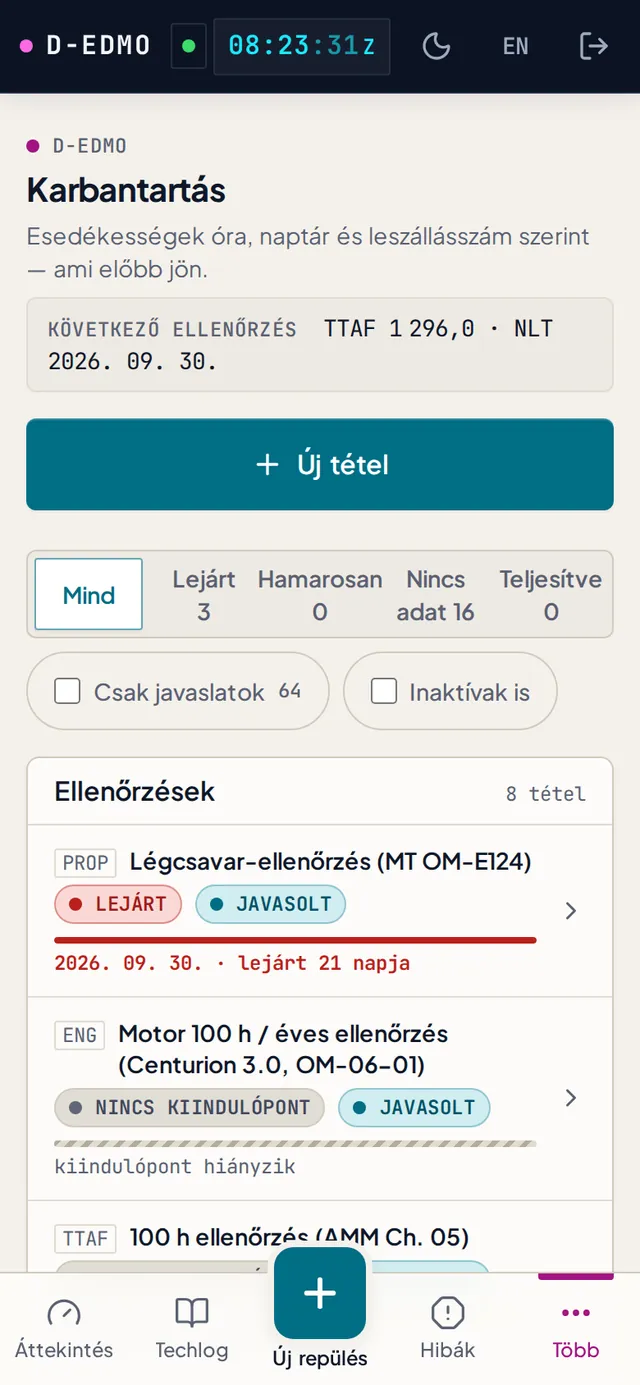 A D-EDMO karbantartási listája: ellenőrzések és komponensek a határaikkal, lejárt / rendben / nincs kiindulás állapottal és JAVASOLT jelzéssel az AI által javasolt tételeken.