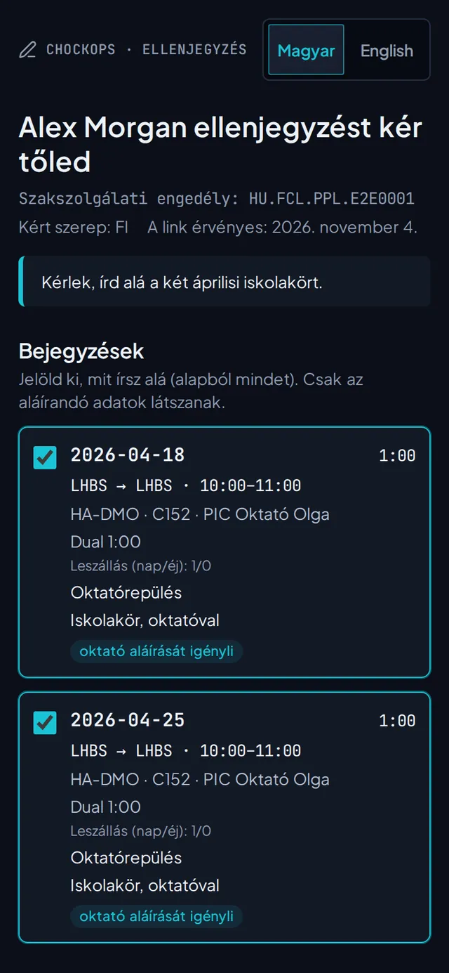 Az ellenjegyző oldal, amelyet az oktató a linkről nyit meg telefonon: az aláírandó repülések, okmányszám és ujjal írt aláírás.