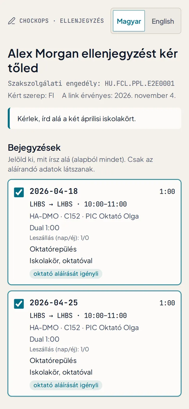 Az ellenjegyző oldal, amelyet az oktató a linkről nyit meg telefonon: az aláírandó repülések, okmányszám és ujjal írt aláírás.
