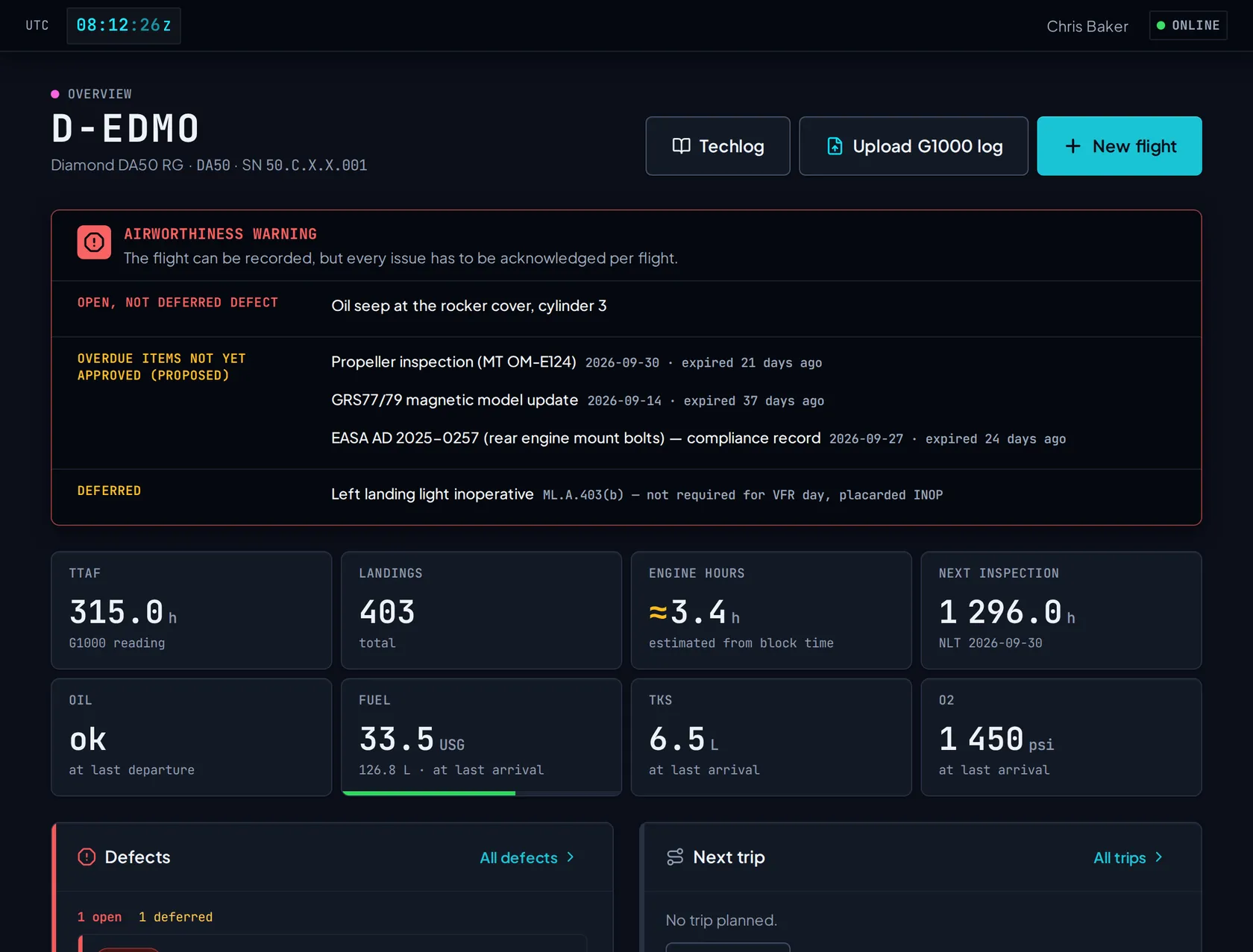 The shared aircraft overview: airworthiness warnings, counters, fuel, TKS and O2, and the defect list everyone with a role on the aircraft sees.