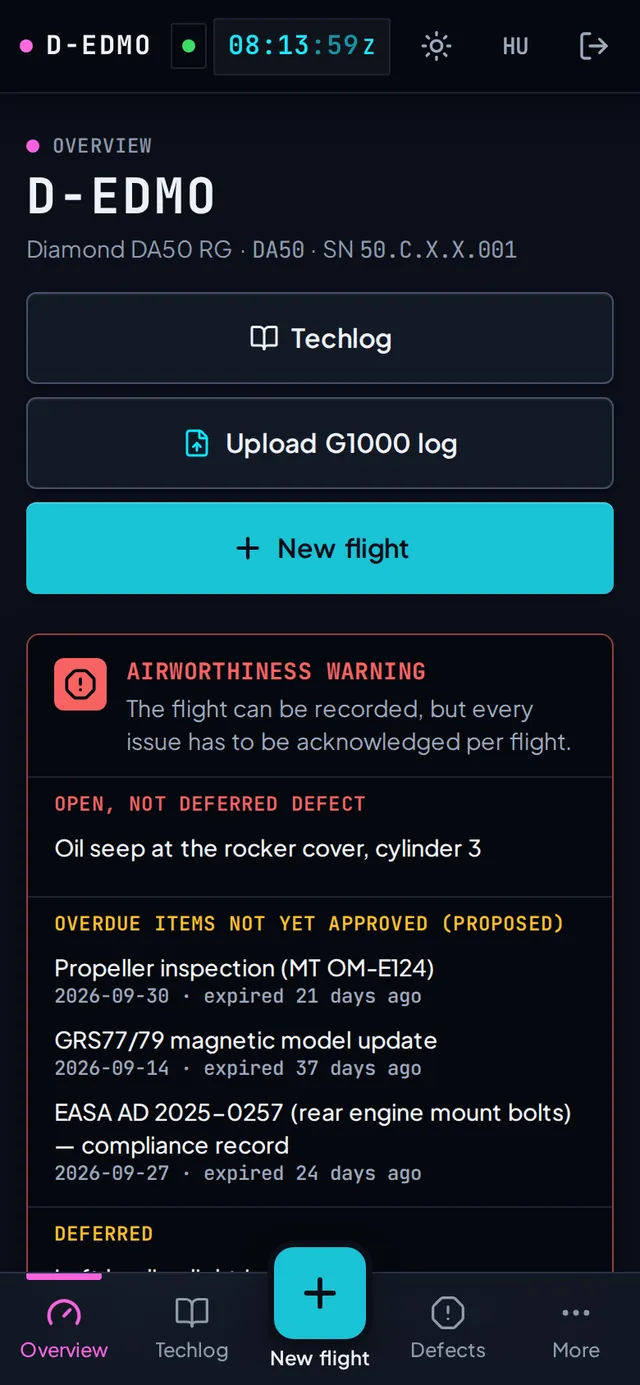 The shared aircraft overview: airworthiness warnings, counters, fuel, TKS and O2, and the defect list everyone with a role on the aircraft sees.