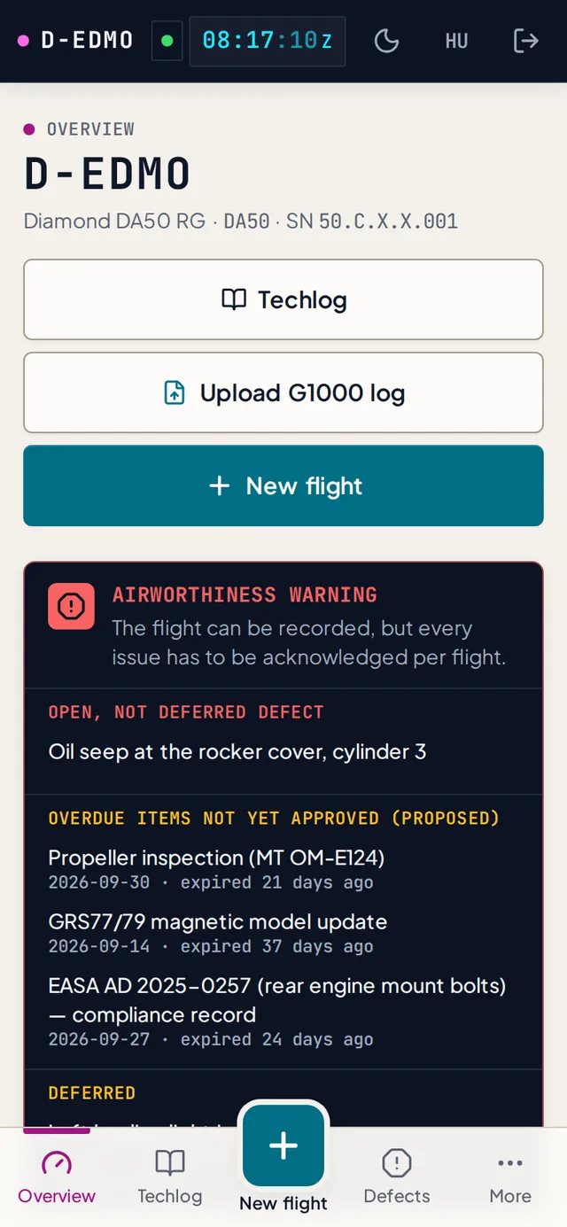 The shared aircraft overview: airworthiness warnings, counters, fuel, TKS and O2, and the defect list everyone with a role on the aircraft sees.
