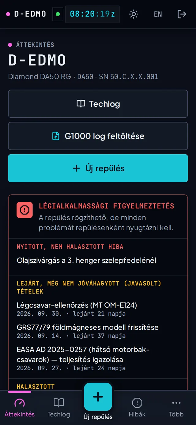 A közös gépáttekintés: légialkalmassági figyelmeztetések, számlálók, üzemanyag, TKS és O2, és a hibalista, amelyet a gépen szereppel rendelkező mindenki lát.