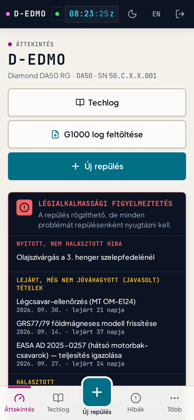 A közös gépáttekintés: légialkalmassági figyelmeztetések, számlálók, üzemanyag, TKS és O2, és a hibalista, amelyet a gépen szereppel rendelkező mindenki lát.